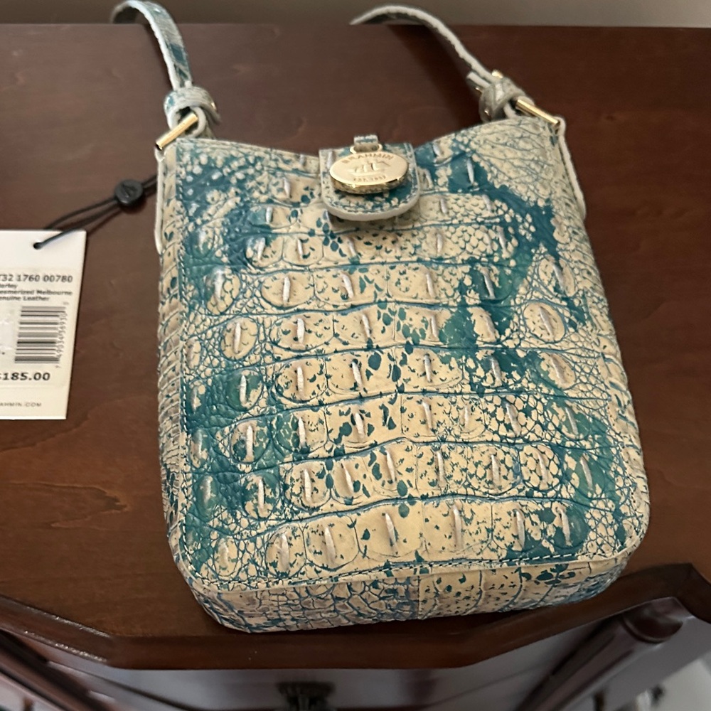 Brahmin Teal and Cream Croc-Embossed Crossbody Bag - Picture 3 of 11